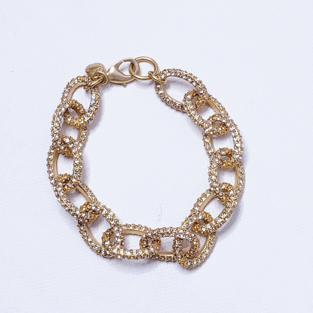 Elegant J Crew Rhinestone Encrusted Gold Link Chain Bracelet 0107